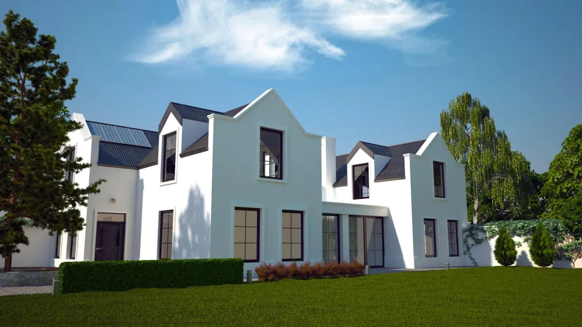 Exterior view of a modern white two-story home with black roof and manicured lawn under a clear blue sky.  sell home jacksonville, real estate aget