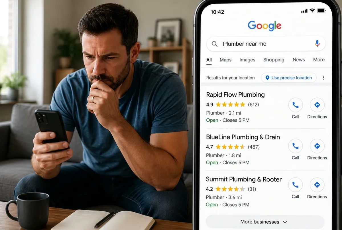 Homeowner searching for a plumber on Google