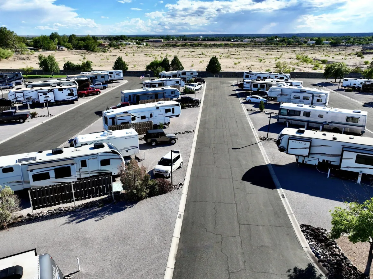 Aerial view of Possum Kingdom RV Resort showing RV sites along Possum Kingdom Lake