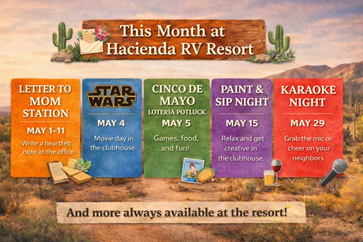 May events graphic for Hacienda RV Resort