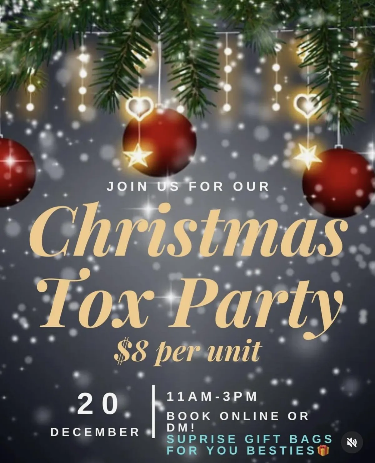 A bright, modern medspa lounge decorated for Christmas with gold, deep green, and soft red accents. Elegant garlands, twinkling lights, and a chic reception area set a festive, luxurious mood. Diverse women in their 30s and 40s, dressed stylishly, are smiling and mingling, creating a welcoming, exclusive event atmosphere.