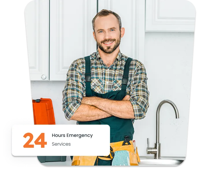 Technician in a kitchen and text message 24h emergency services