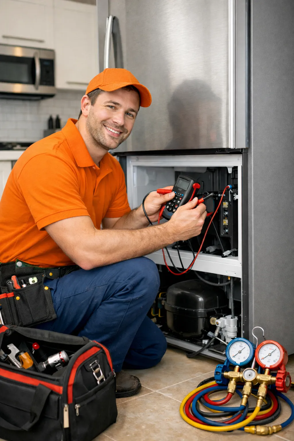 tech repairing fridge