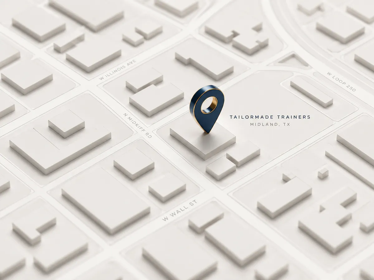 Stylized architectural location map of the brand headquarters with primary blue marker