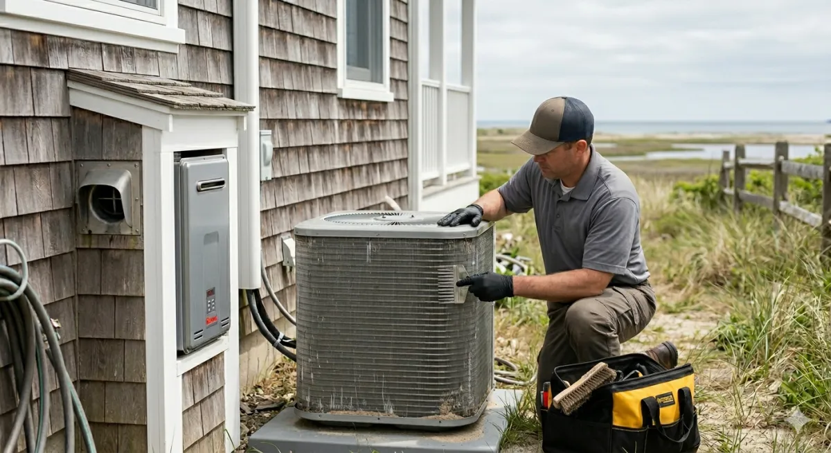 HVAC technician using a fin comb tool to service an outdoor air conditioner condenser unit next to an exterior tankless water heater on a cedar-shingled Cape Cod house.