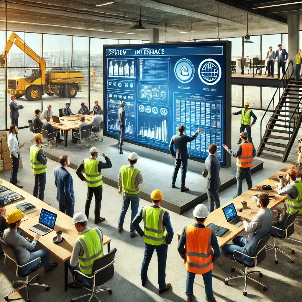 A realistic scene showing contractors interacting with a large digital screen displaying a project management interface in an office setting. The team, composed of diverse men and women in casual business attire and safety vests, are engaged in discussion and taking notes, highlighting teamwork, technology use, and efficiency.