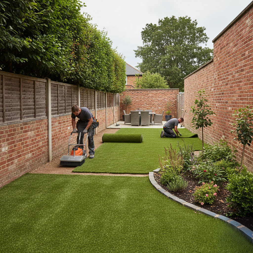 Artificial grass installation in a London garden