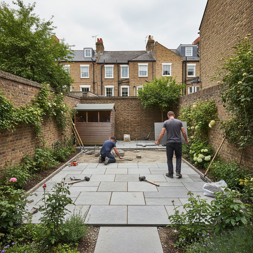 Professional patio installation in a London back garden