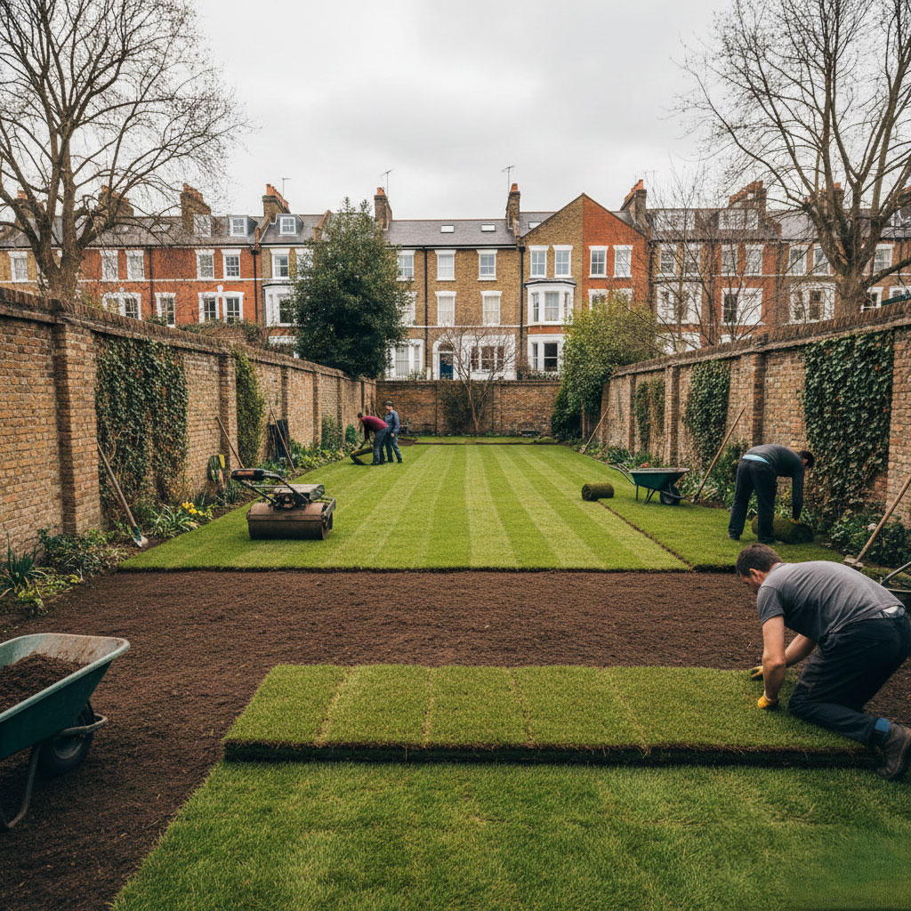 Fresh turf being laid on a residential lawn in London
