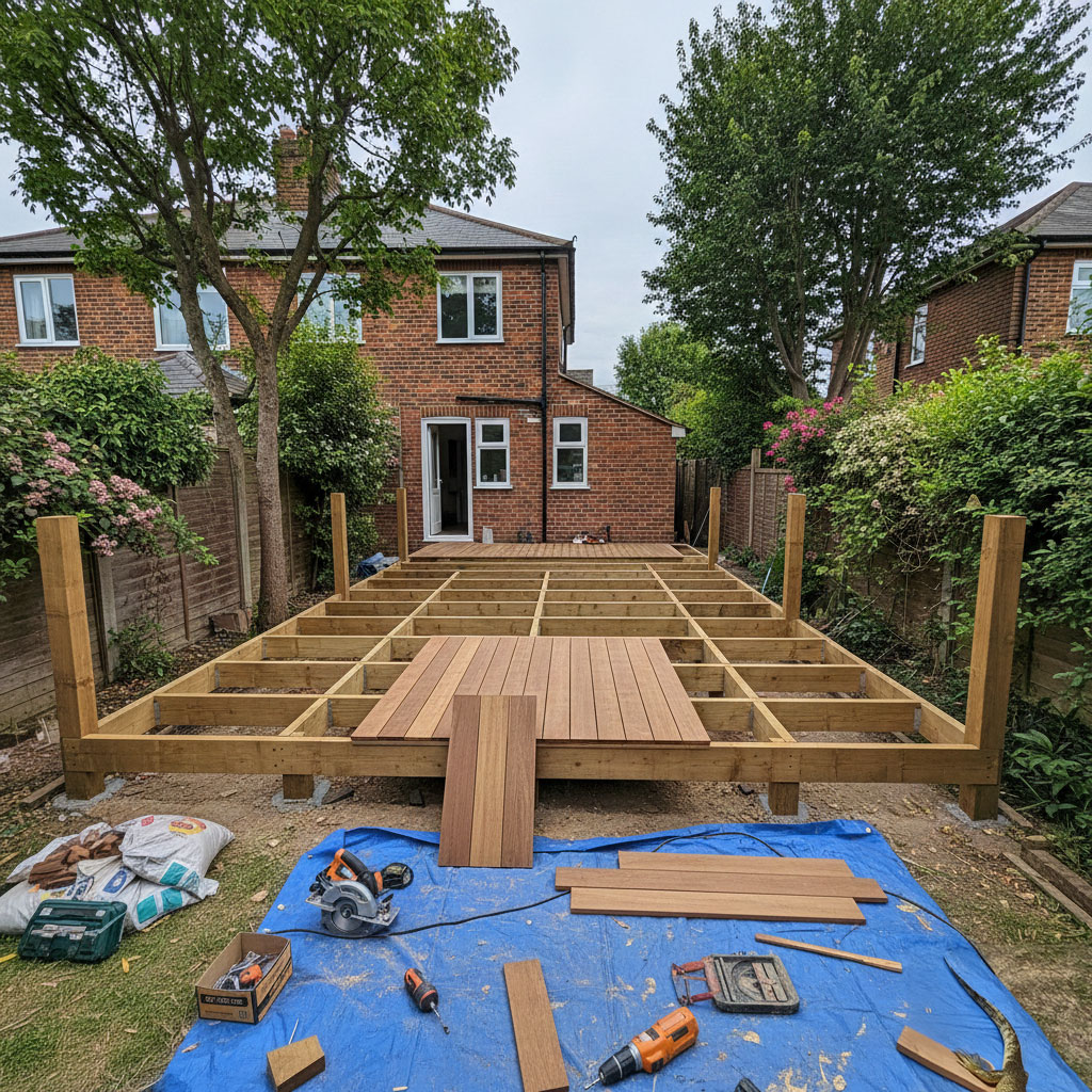 Timber decking installation in a London garden