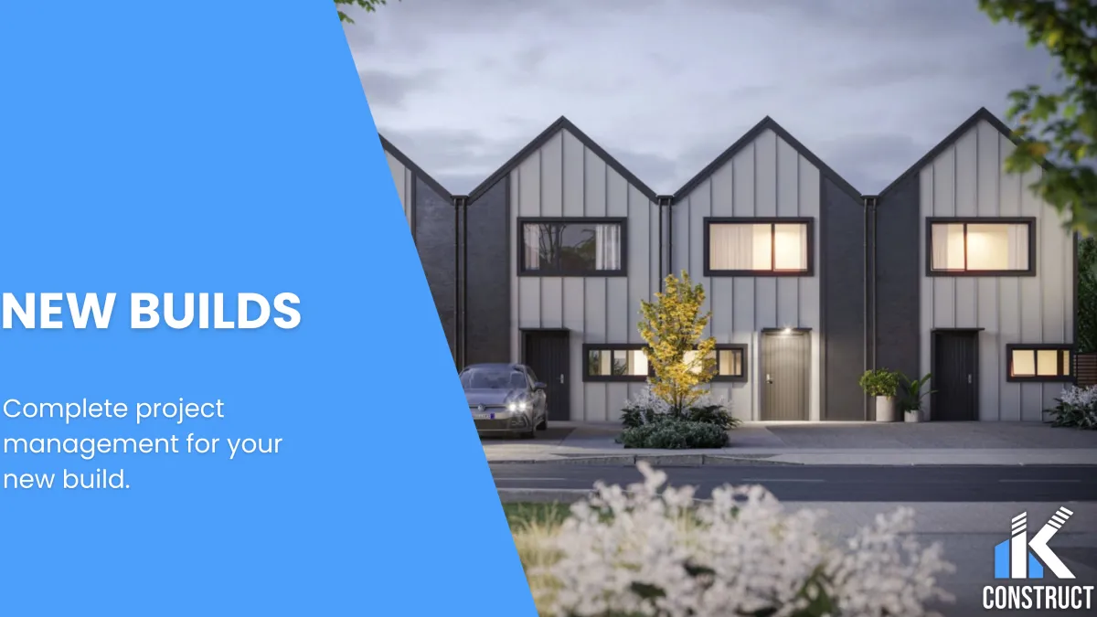 Modern new build townhouses with driveway and landscaping, illuminated at dusk