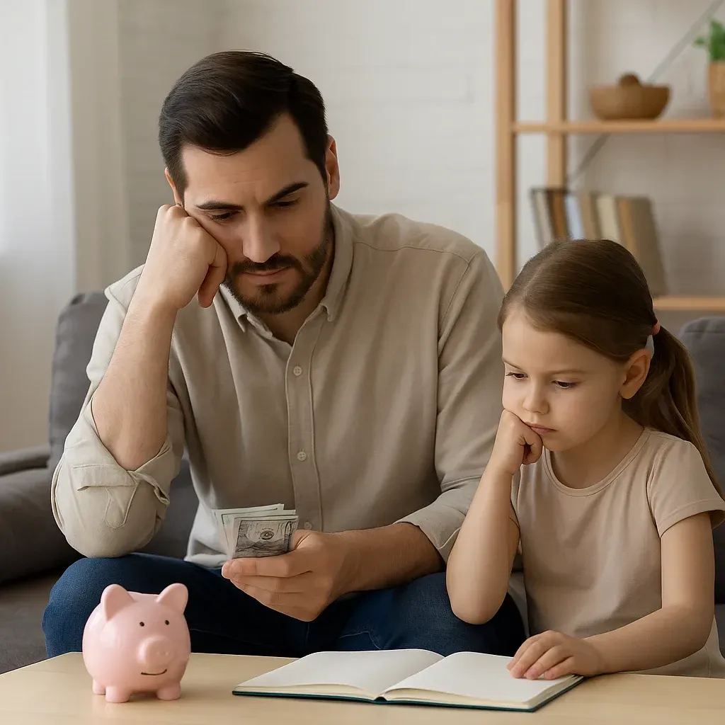 Családi pénzügyi tervezés: apa számol, gyerek tanul, malacpersely az asztalon.
