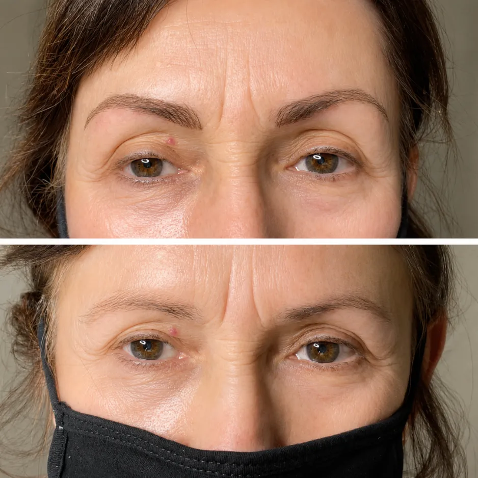 Microblading and powder brow tattoo before and after transformation on a mature client, performed by certified beauty professionals at EYENVY Beauty Studio in Southern NH.