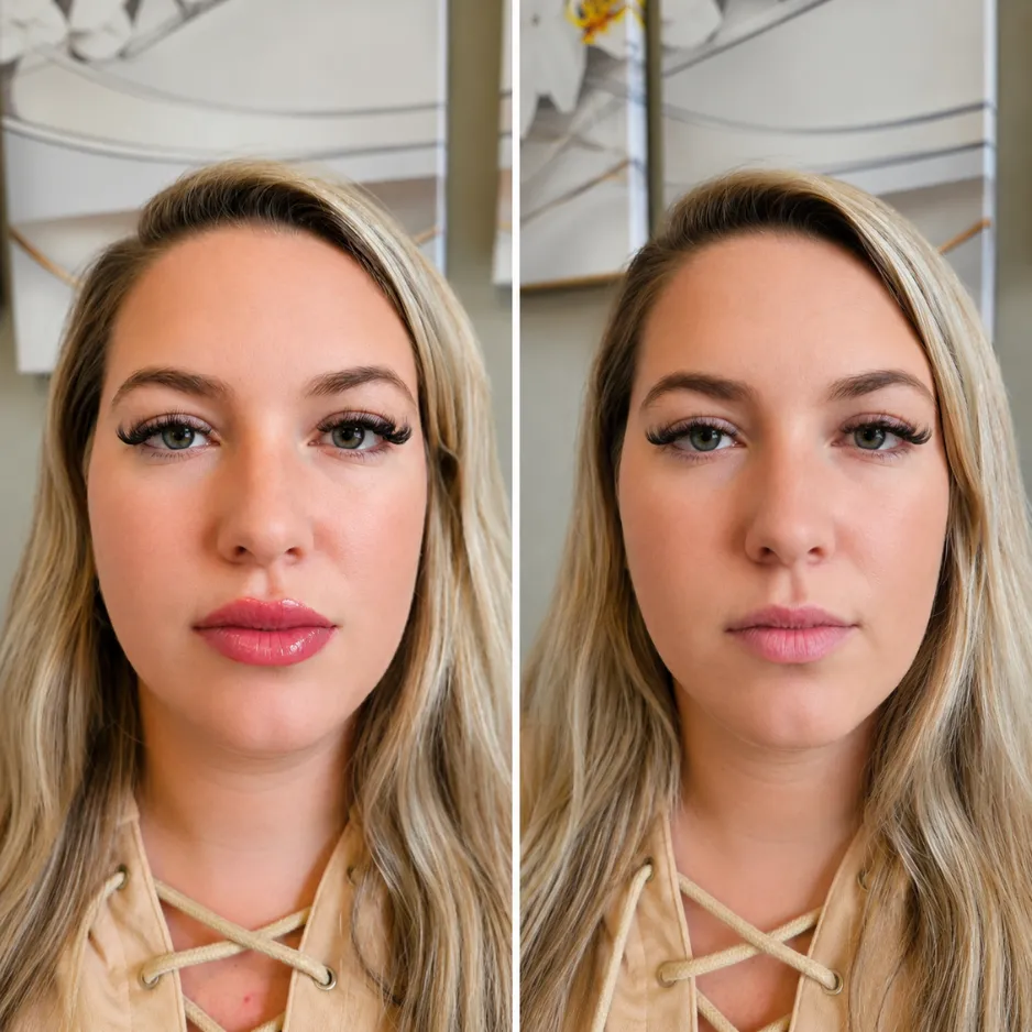 Before and after view of a full signature permanent makeup and beauty enhancement session at EYENVY Beauty Studio & Academy, featuring customized brow shaping, lash extensions, and fresh lip blushing.