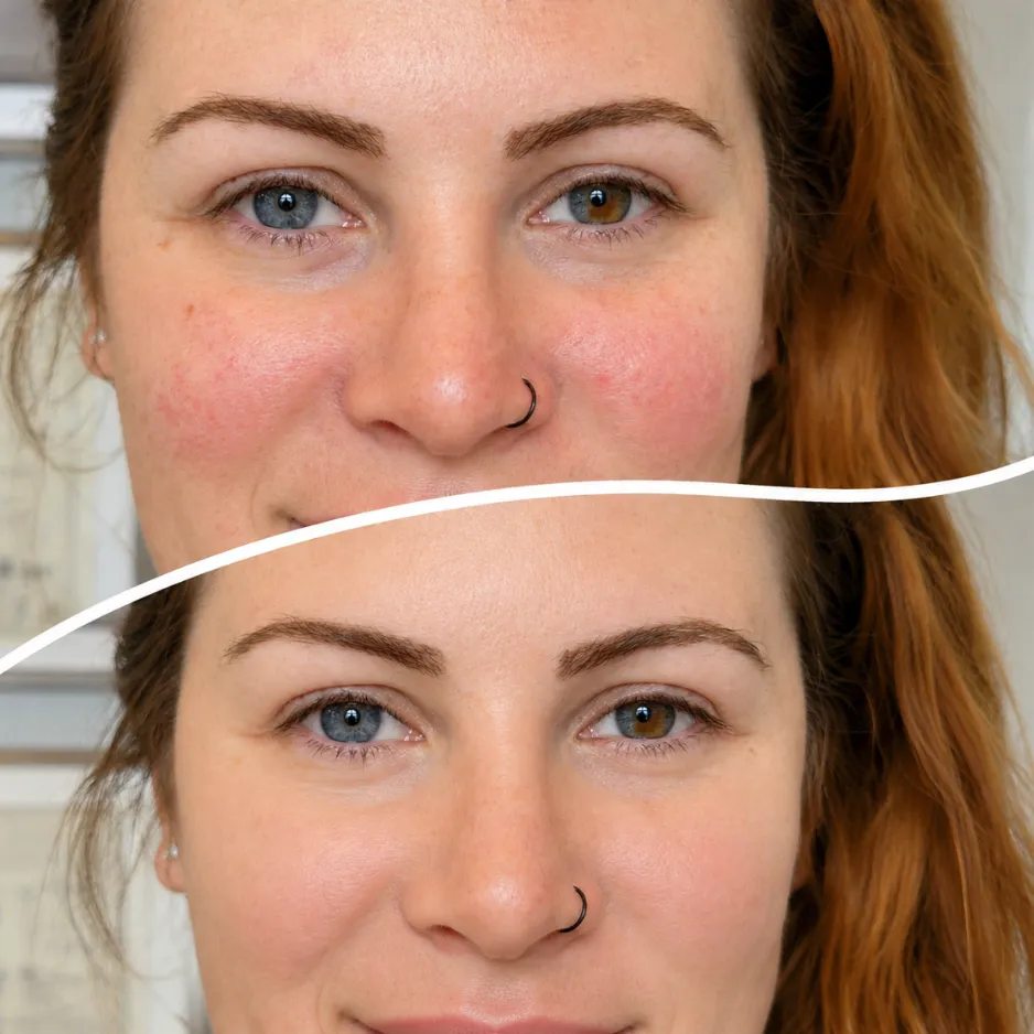 Before and after comparison of a permanent eyebrow tattoo treatment at EYENVY Beauty Studio in Londonderry, NH, showcasing a natural brow shaping transformation on a red-haired client.