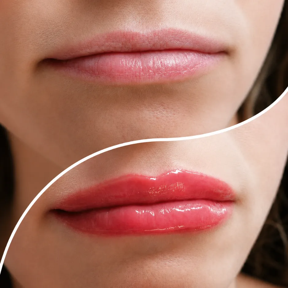 Close-up before and after of a luxury lip blushing treatment at EYENVY Beauty Studio in Londonderry, NH, highlighting enhanced lip symmetry, definition, and a vibrant pink blush tint.