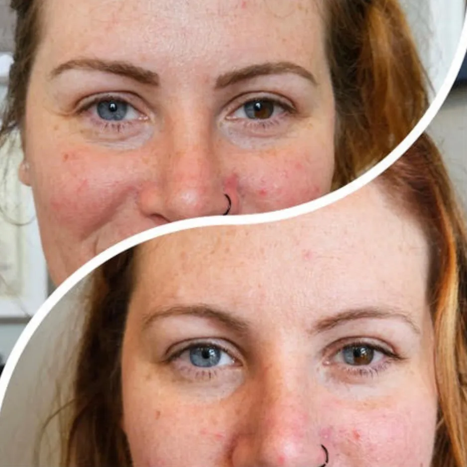 Before and after comparison of a permanent eyebrow tattoo treatment at EYENVY Beauty Studio in Londonderry, NH, showcasing a natural brow shaping transformation on a red-haired client.