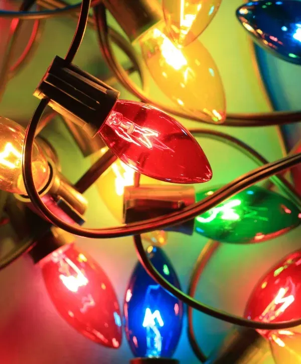 Close-up of colorful Christmas lights ready for installation in Avon, Indiana.