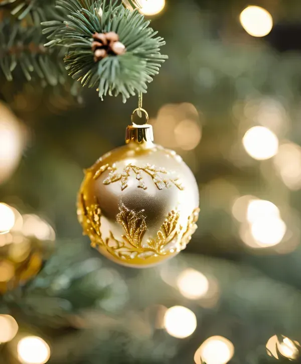 Golden Christmas ornament hanging on a tree branch with festive lights in the background.