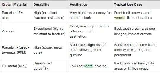 table of different crown options 
