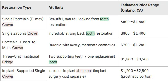 table of Dental Crown & Bridge Costs in Ontario
