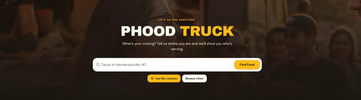 A high-end phone mockup on a cinematic background serving as a lifestyle compass for food truck locations.