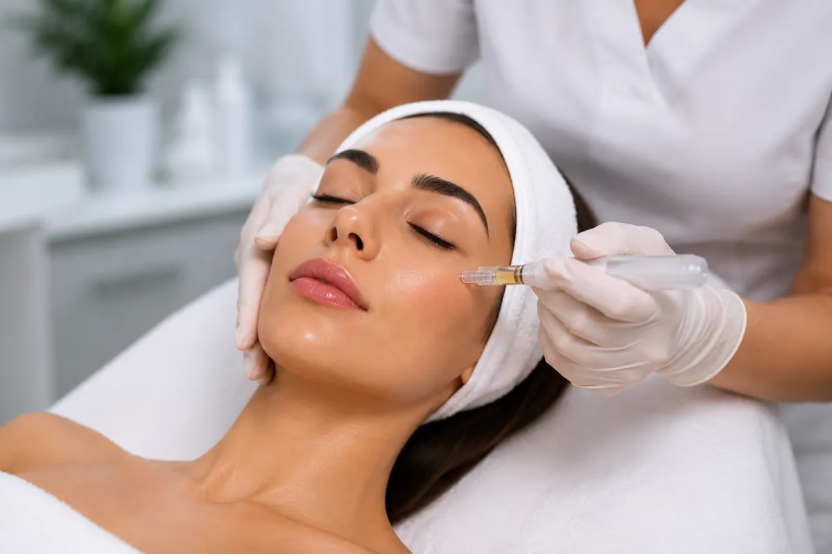 Woman receiving exosome therapy injection for skin rejuvenation at Vitology Med Spa.