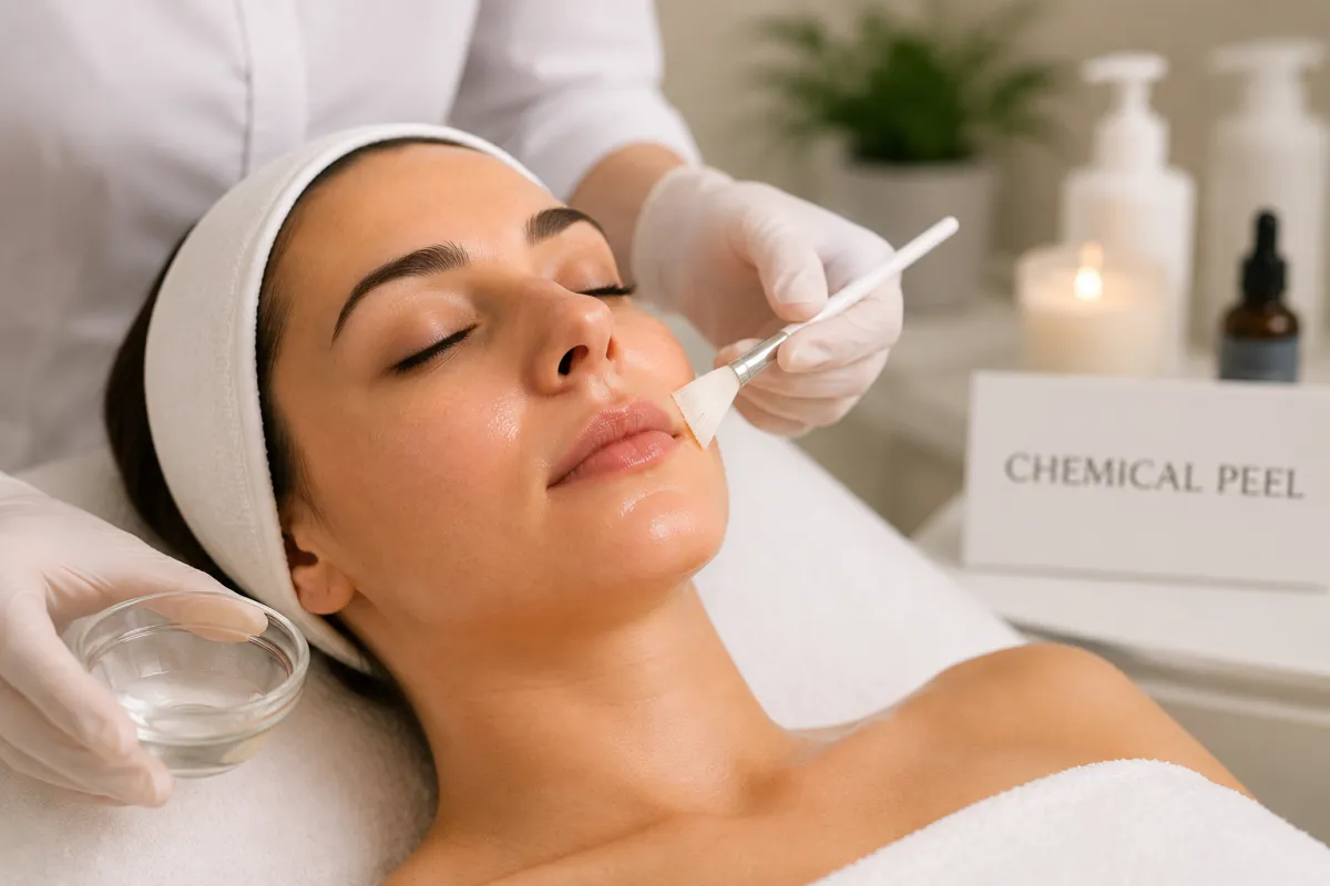 Woman receiving chemical peel treatment at Vitology Med Spa for skin rejuvenation.