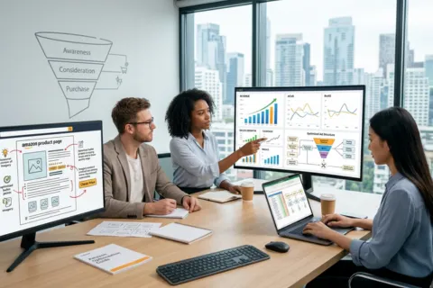 Team reviewing amazon product listing optimization and conversion funnel optimization strategy on dual monitors in city view office
