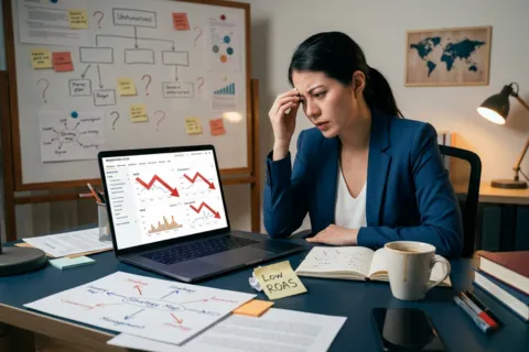 Stressed business owner struggling with low ROAS and declining sales before hiring amazon ppc agency and amazon ads management services