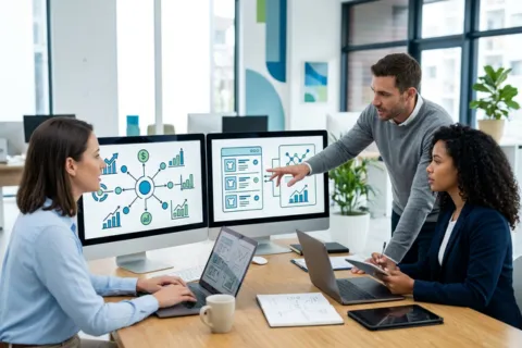 Marketing team reviewing amazon listing optimization and ecommerce optimization services analytics on dual monitors in modern office