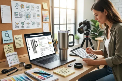 Woman optimizing amazon product listing with keywords and camera setup representing amazon listing optimization services by Six Star Brands