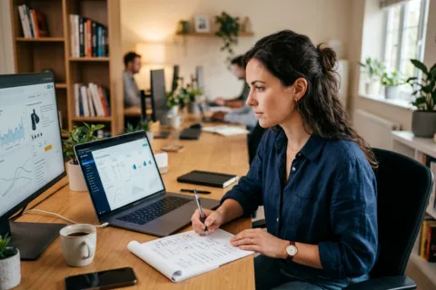 Female marketer analyzing amazon ppc agency campaign data on laptop and monitor while taking notes in modern office
