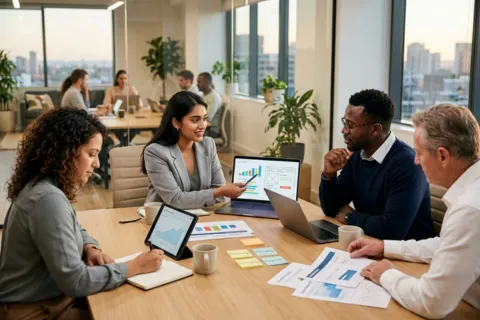 Diverse business team discussing amazon ppc advertising agency strategy and ecommerce growth agency results in modern conference room