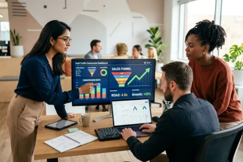 Team reviewing paid traffic conversion dashboard showing ROAS 4.8x and 28% growth representing paid ad management and conversion funnel optimization by Six Star Brands