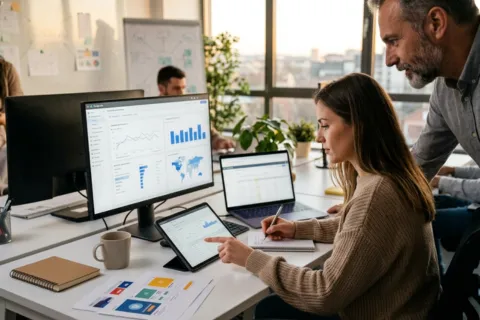 Marketing team analyzing amazon ads management services performance data on multiple screens with geographic and bar chart analytics in modern office