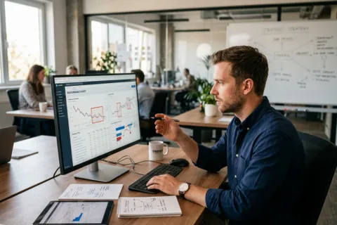 Male analyst reviewing amazon ppc advertising agency performance chart data on large monitor with traffic strategy whiteboard in modern office