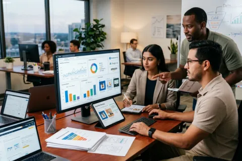 Diverse agency team reviewing GHL lead generation and local lead generation campaign analytics dashboard on large monitor in open office