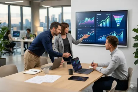 Marketing team analyzing conversion funnel optimization and ecommerce growth agency performance charts on large screen display in city view office