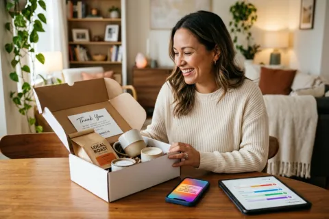 Happy customer unboxing ecommerce order with thank you card representing customer retention marketing and amazon brand management by Six Star Brands