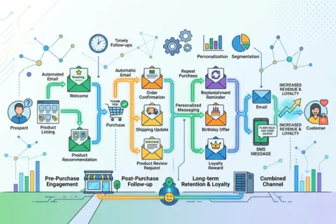 Full service email marketing agency and SMS marketing services customer journey flowchart showing pre-purchase engagement to long-term retention and loyalty