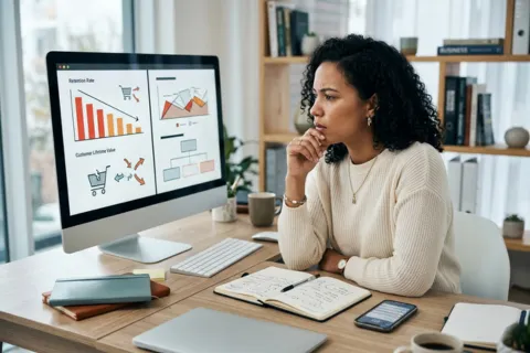 Marketing specialist analyzing retention rate and customer lifetime value dashboard representing customer retention marketing and ecommerce optimization services