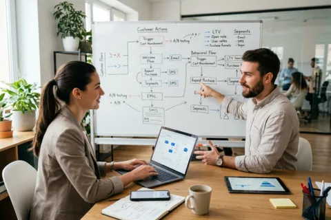 Marketing team planning email and SMS customer flow on whiteboard representing full service email marketing agency and SMS marketing services strategy