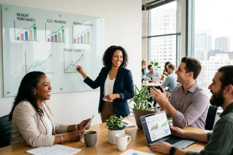 Marketing team reviewing repeat purchases CLV increase and brand loyalty charts representing customer retention marketing and ecommerce growth agency results