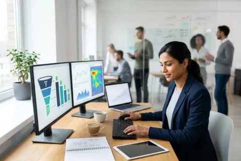 Digital marketing specialist managing amazon ads management services and ecommerce optimization services on dual monitors in offic