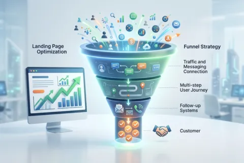 Digital marketing funnel diagram showing landing page optimization and conversion funnel optimization strategy from traffic to customer
