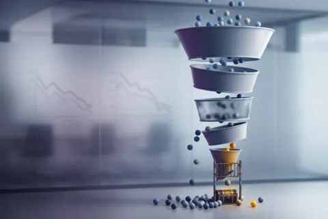 3D sales funnel with balls filtering through stages representing conversion funnel optimization and lead generation services by Six Star Brands