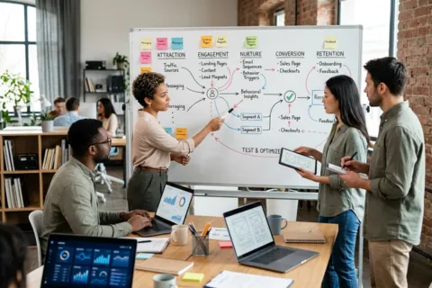Marketing team planning conversion funnel optimization and customer retention marketing strategy on whiteboard in modern office