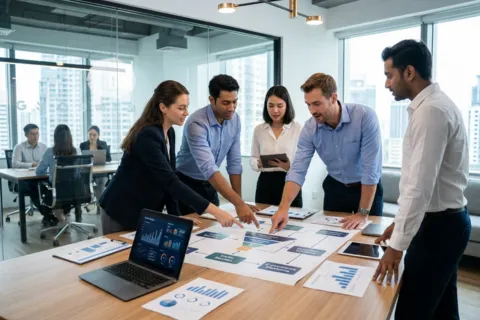 Diverse marketing team collaborating on amazon ads management services and ecommerce growth agency strategy with data reports
