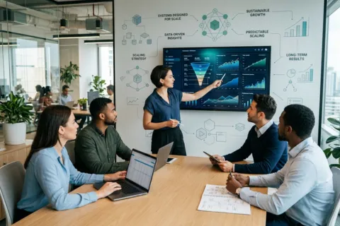 Business team reviewing ecommerce growth agency scaling strategy and amazon ppc advertising agency performance dashboard in conference room